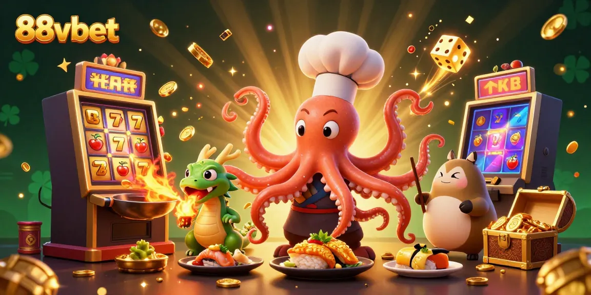 Experience the thrilling world of 88vbet with an exciting 3D casino scene showcasing an octopus chef and dragon.