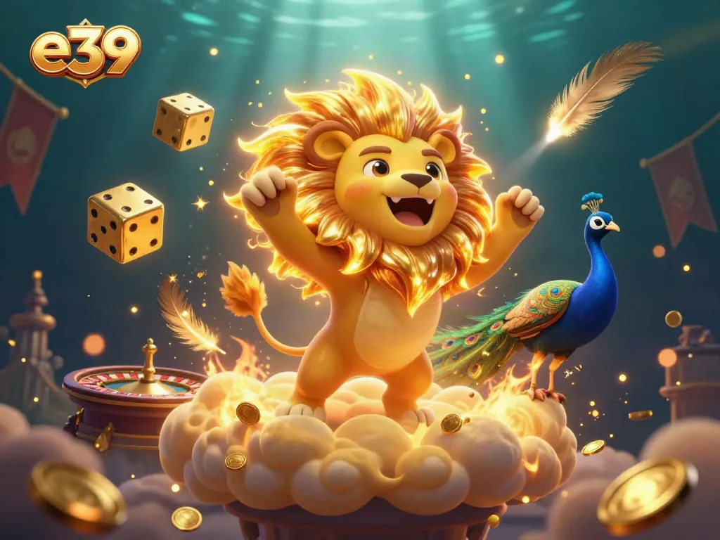 Engage in exciting casino action with e39's colorful 3D illustration of gaming elements and a roaring lion.