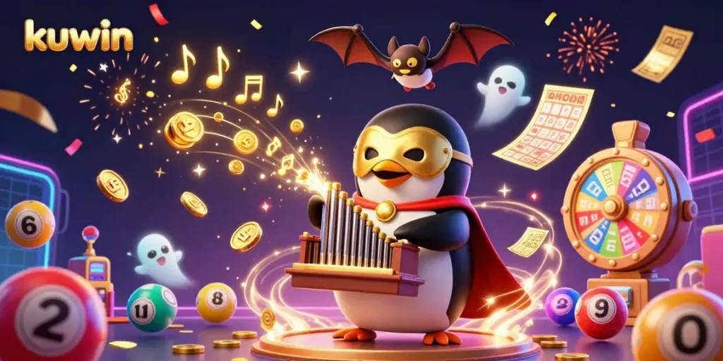 Engage with thrilling kuwin gaming, where an opera penguin plays captivating tunes amidst a vibrant casino atmosphere.