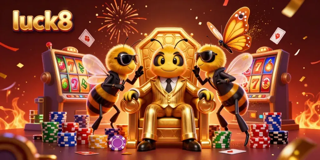 Experience luck8's vibrant gaming scene with a buzzing bumblebee mob boss in a slot-filled throne room.