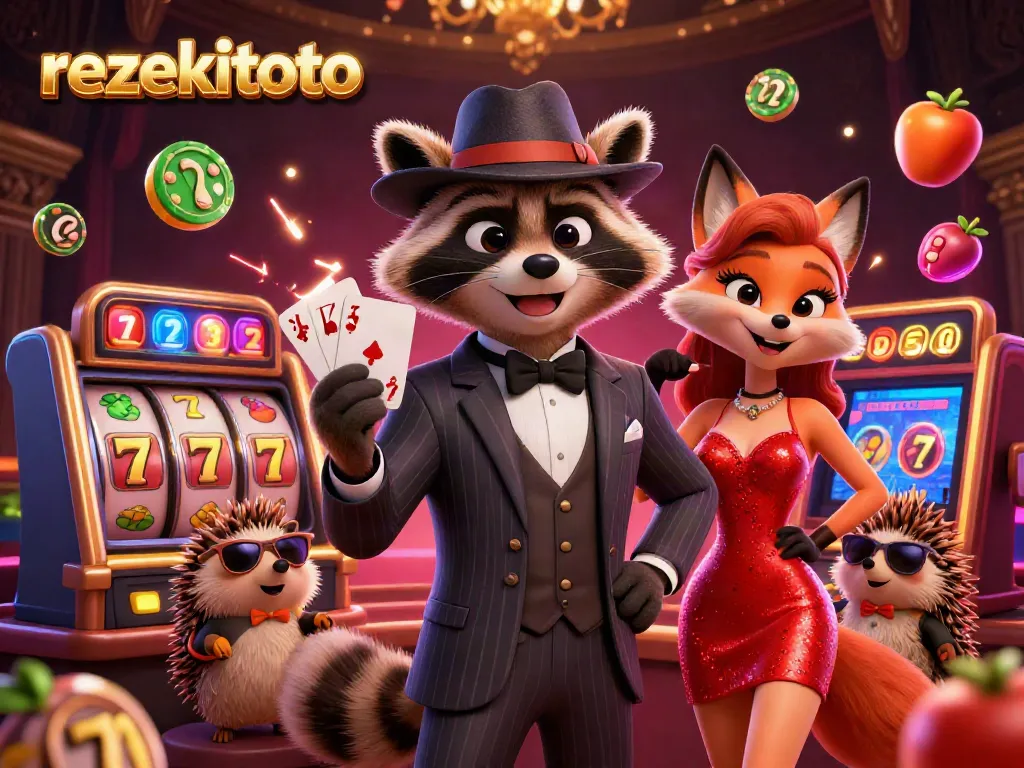Experience the excitement of rezekitoto's casino with a suave raccoon and dazzling characters in a vibrant gaming scene.