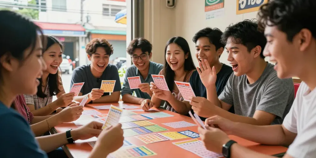 Friends celebrating togel 4d lottery tickets with excitement and community atmosphere.