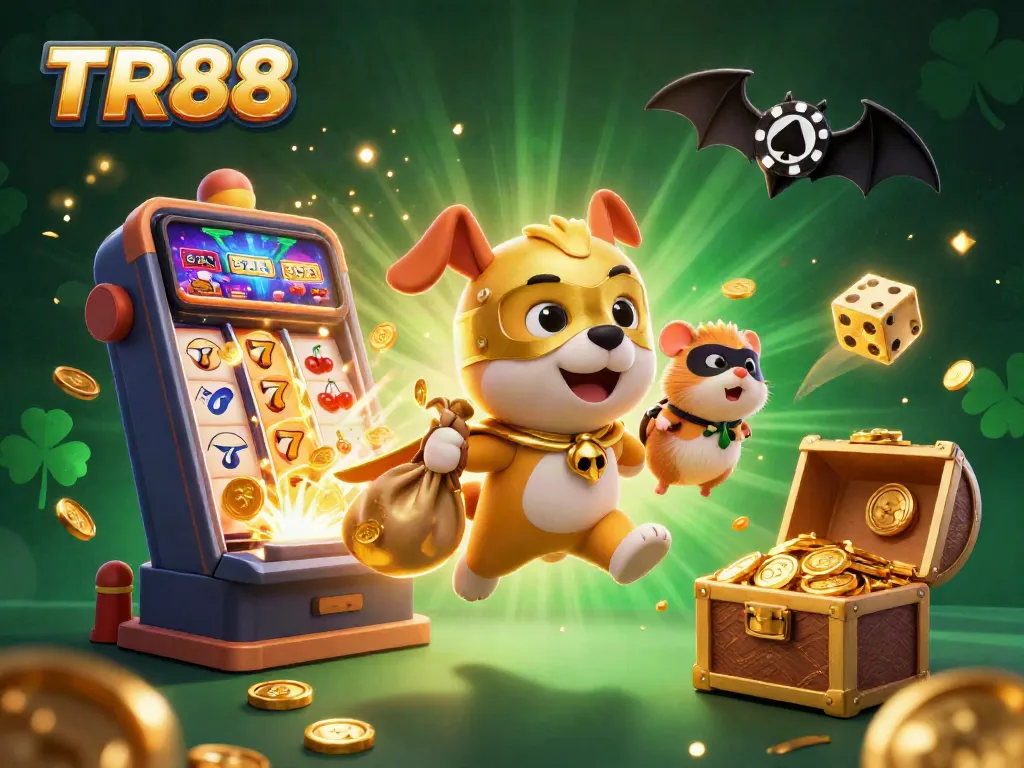 Engage with TR88 gaming excitement as a superhero dog flies with gold coins amidst a jackpot explosion.