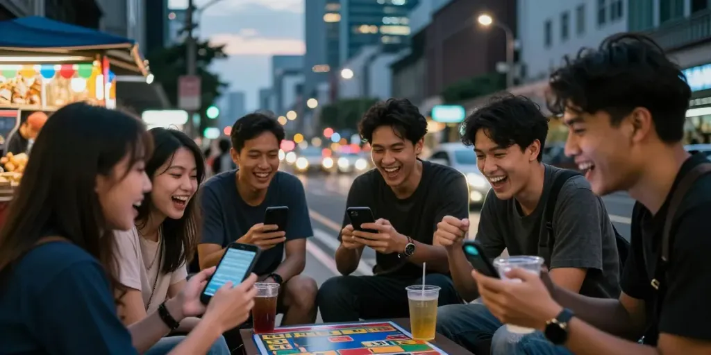 Teman-teman tertawa sambil bermain Bandar Togel di ponsel di jalanan kota yang ramai pada sore hari.