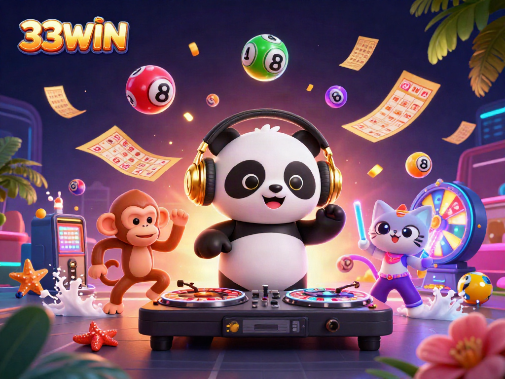 Engage in the vibrant gaming world of 33WIN with lively characters amidst casino elements.