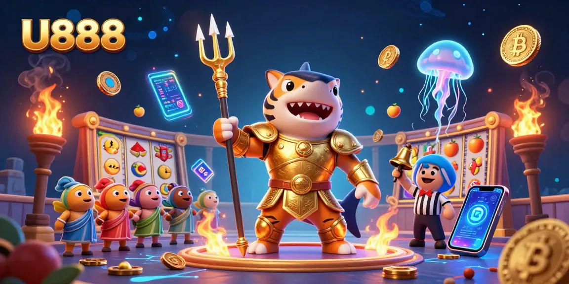 Join the U888 adventure with a fierce tiger shark in golden armor amid vibrant slots and crypto elements.