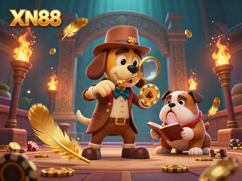 Xn88 app features a cartoon detective and bulldog in an epic casino scene.