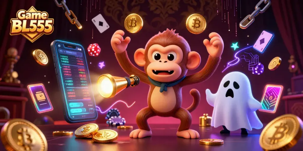 Experience Game BL555 with a playful poltergeist monkey and ghost-hunter puppy in a lively casino scene.