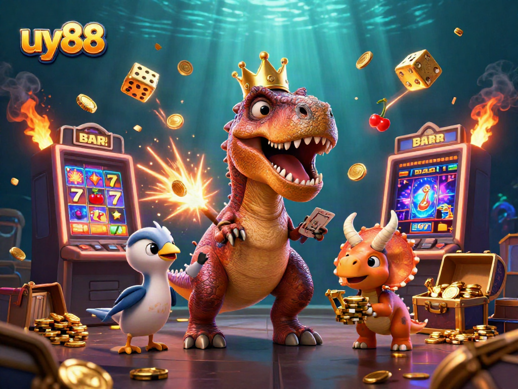 Experience gaming excitement with uy88 featuring a cartoon T-Rex and friends showcasing casino elements.