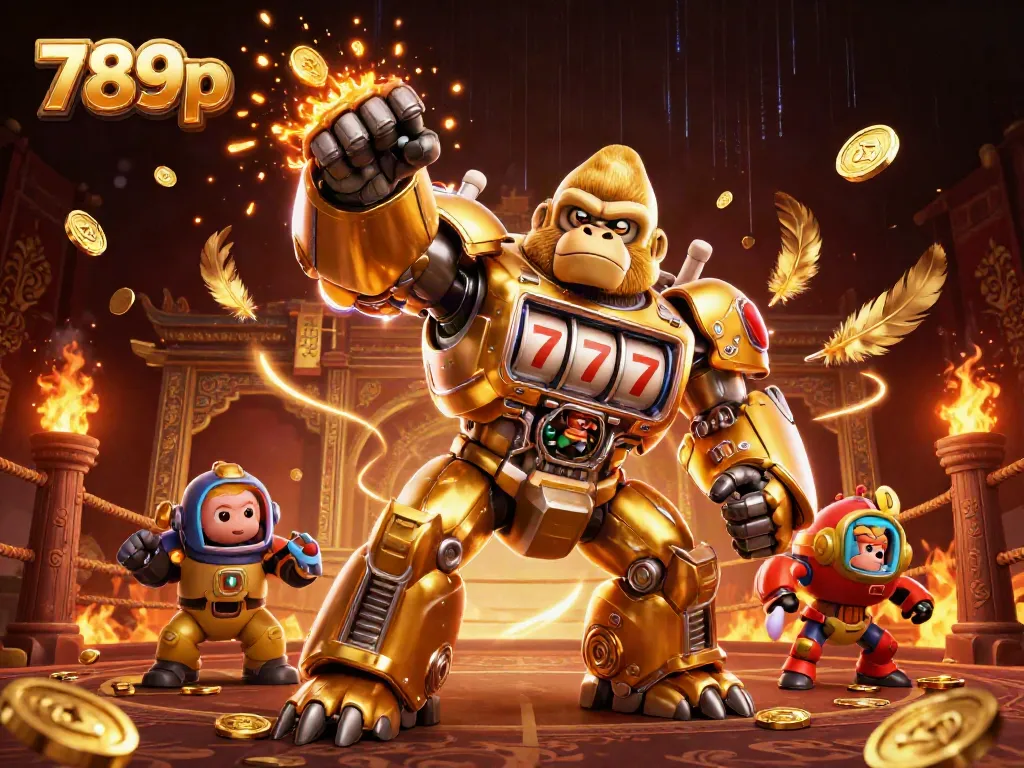 Engaging scene showcasing 789p with a golden gorilla mech and dynamic casino elements, emphasizing excitement and action.