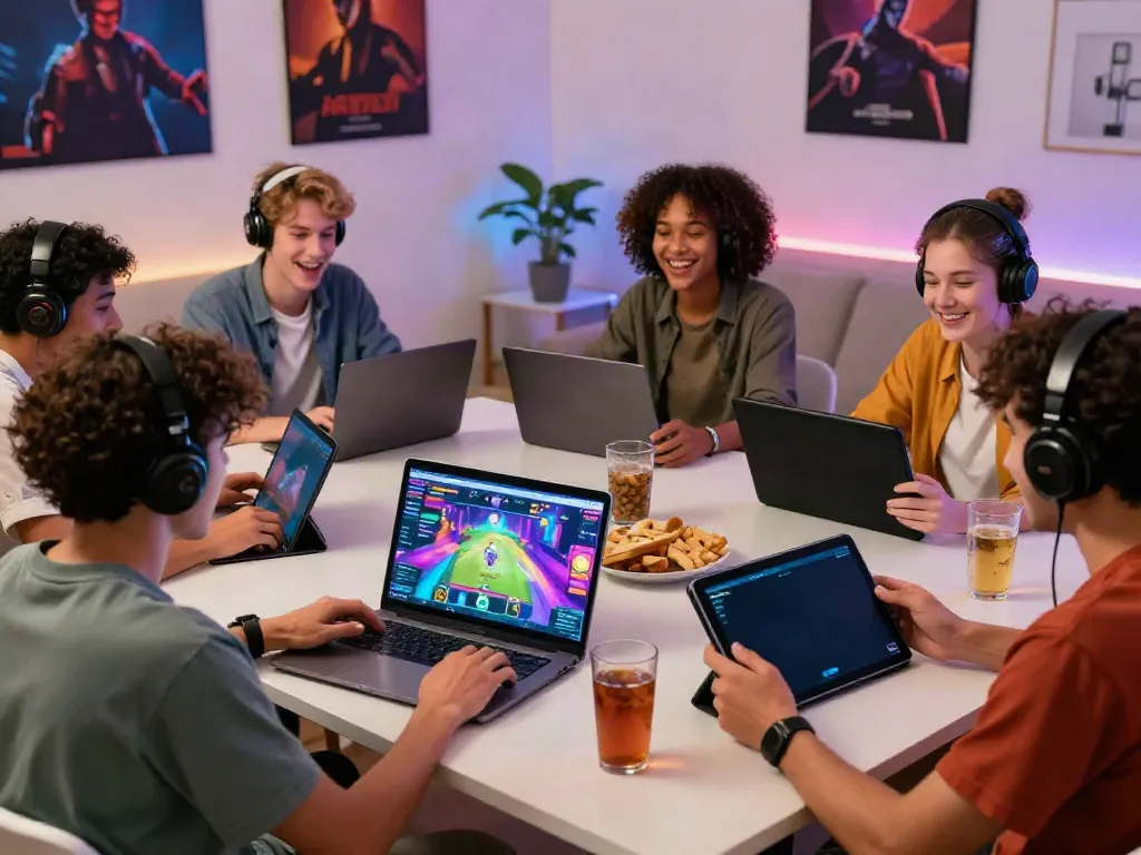 Exciting gaming atmosphere with diverse players enjoying KILAT404 platform games in a cozy setting.