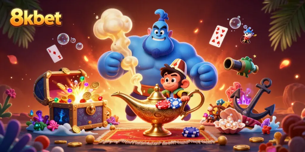 Engage with the thrilling 8xbet casino experience featuring a magical scene of a genie, poker chips, and treasure!