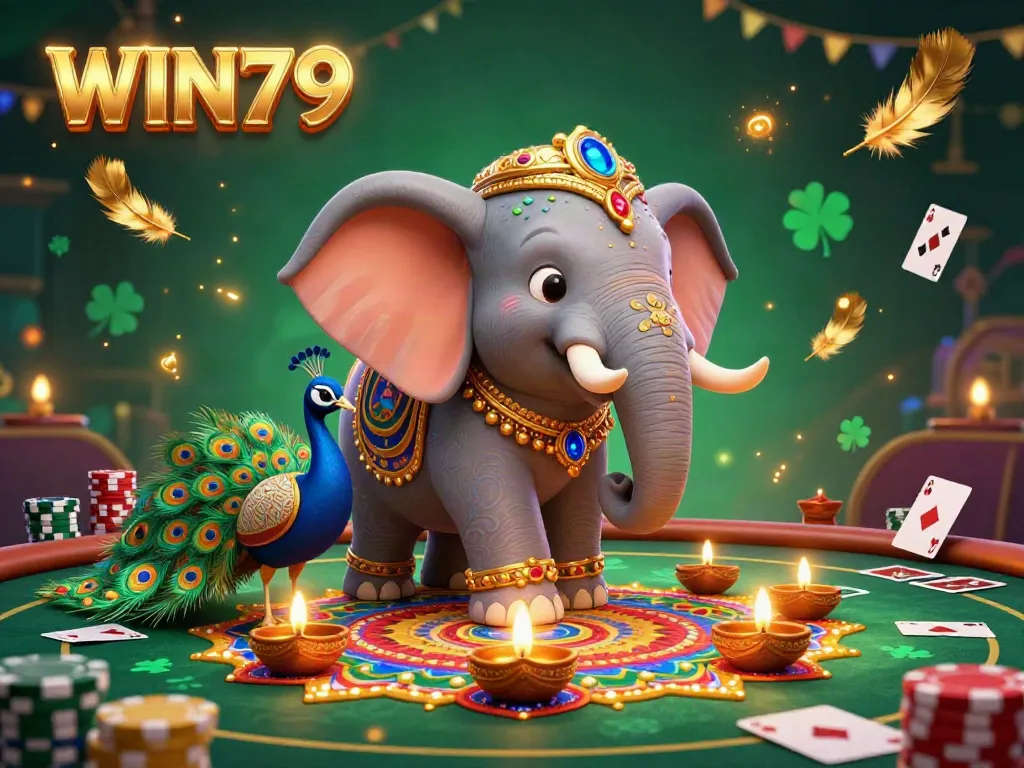 Experience the thrill of WIN79 with a vibrant 3D casino illustration showcasing festive characters and gaming elements.