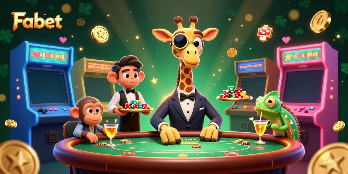 Engage with Fabet's virtual casino adventure featuring a high-roller giraffe, monkey valet, and chameleon bartender.