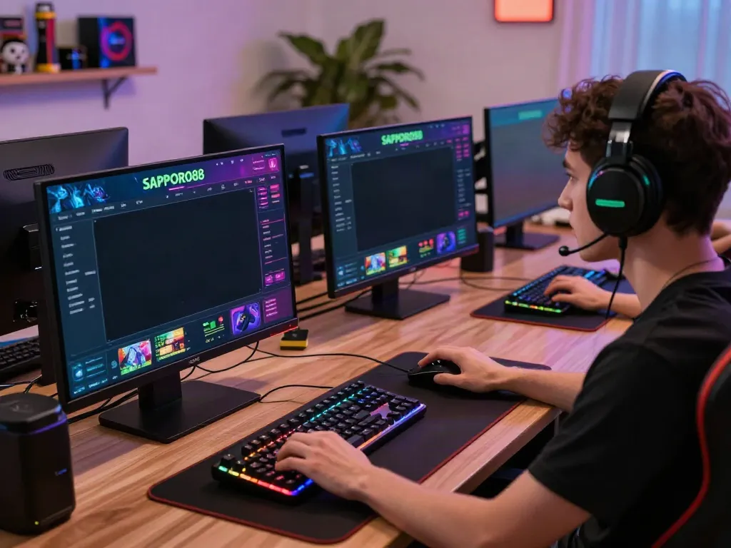 SAPPORO88 gaming interface on multiple screens in a vibrant home office scene