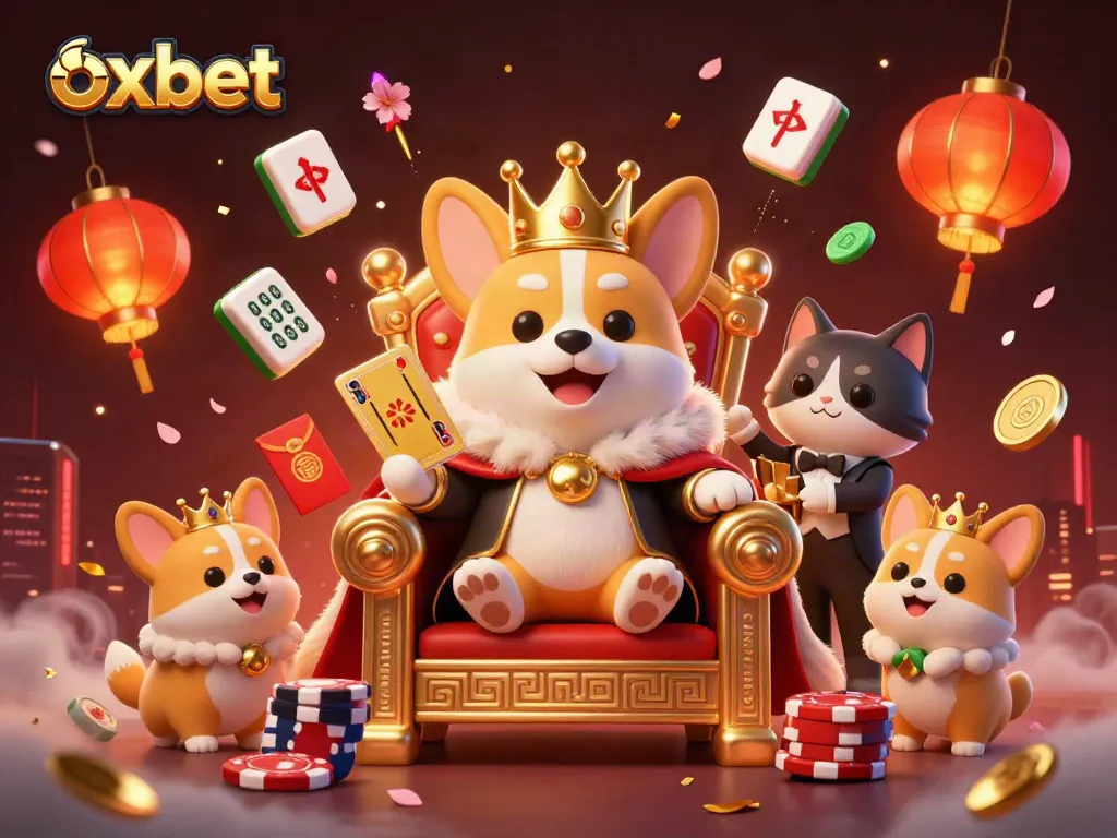 Experience excitement with oxbet in this vibrant casino-themed illustration featuring a royal corgi.