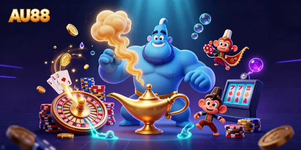 Experience excitement at AU88 with a genie, poker chips, and golden treasures in an enchanting casino scene.