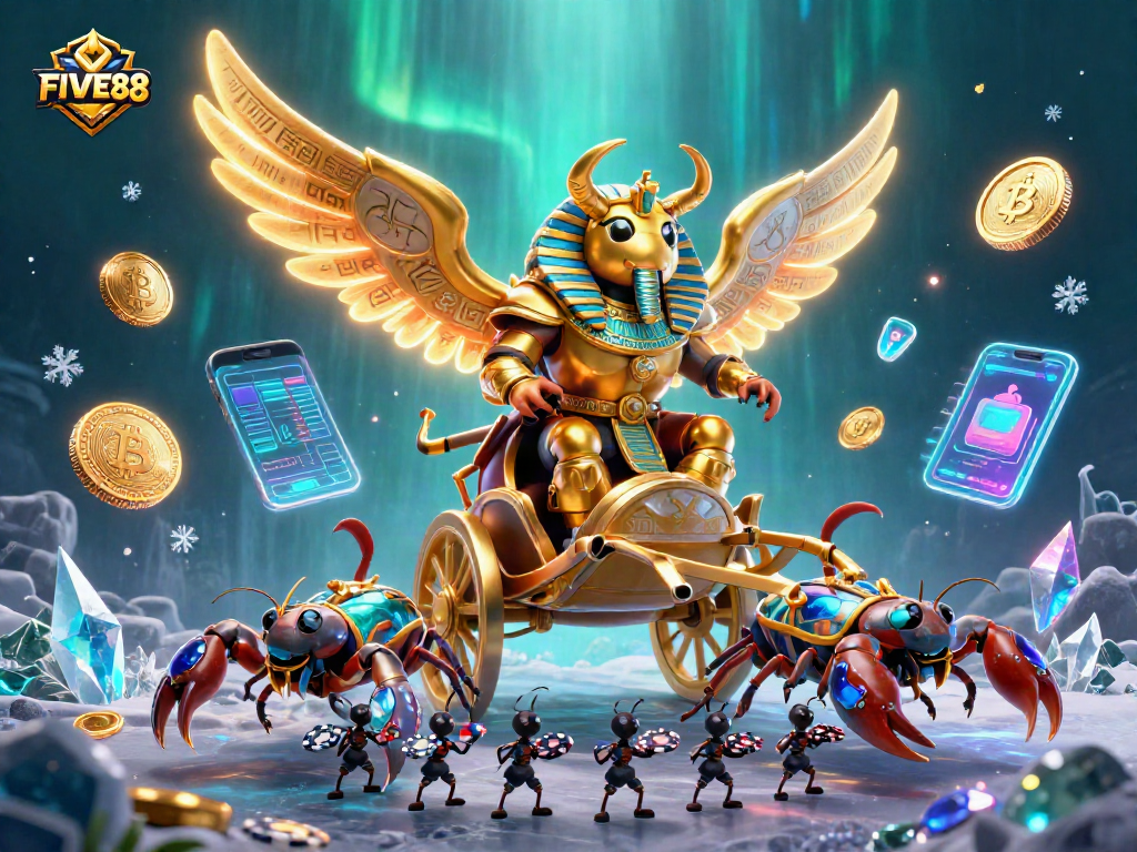 Engage with FIVE88's vibrant casino scene featuring a golden scarab beetle, scorpions, and crypto symbols.