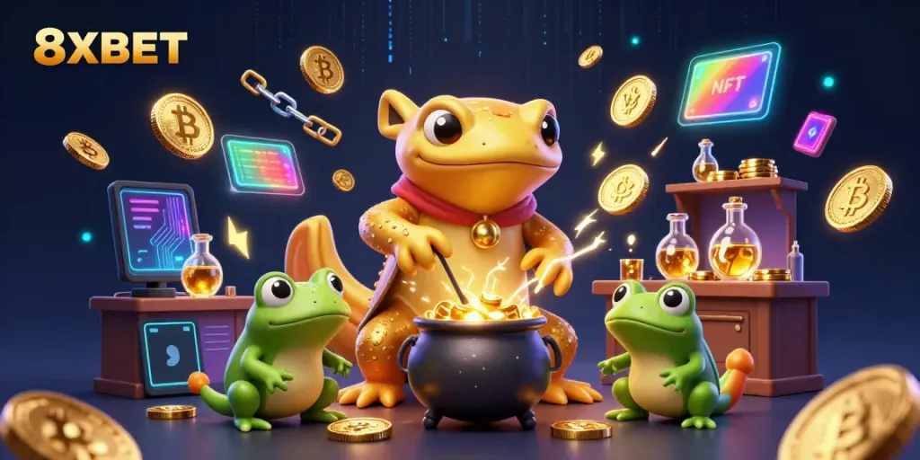 Experience the magic of 8XBET with a vibrant 3D illustration of an alchemist and apprentices in a casino setting.