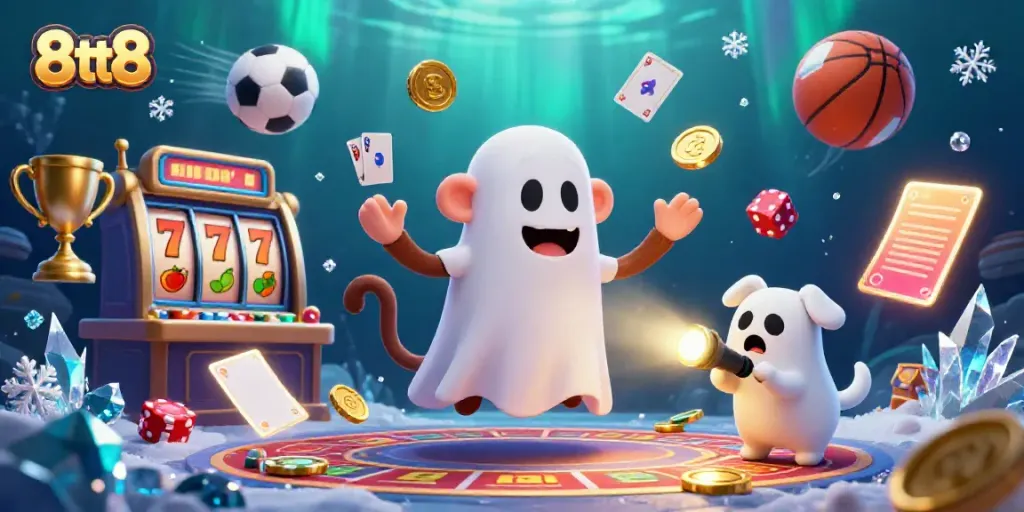 Experience the thrill of 8tt8 as a mischievous poltergeist monkey juggles golden casino treasures in a haunted atmosphere.