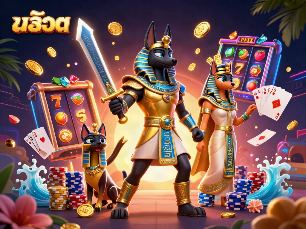 Play สล็อต slots with an energetic scene featuring Anubis and Bastet surrounded by coins and cards.