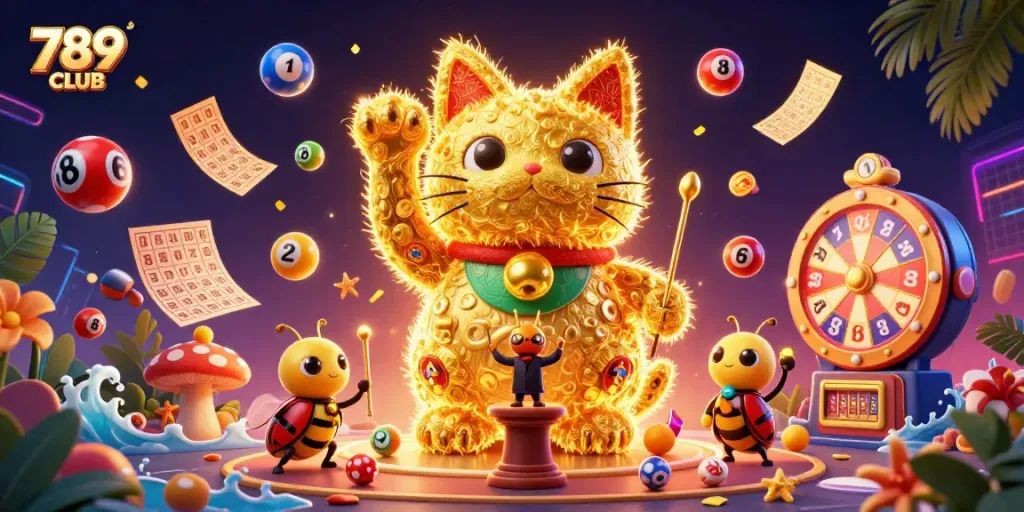 Play at 789CLUB and enjoy a vibrant lottery atmosphere with a dynamic lucky cat illustration.