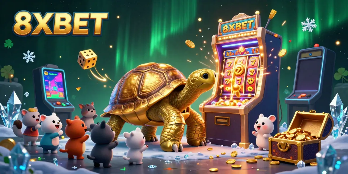 Experience the exhilarating world of 8XBET with a vibrant festive scene featuring a giant golden tortoise, slot machine, and playful characters.