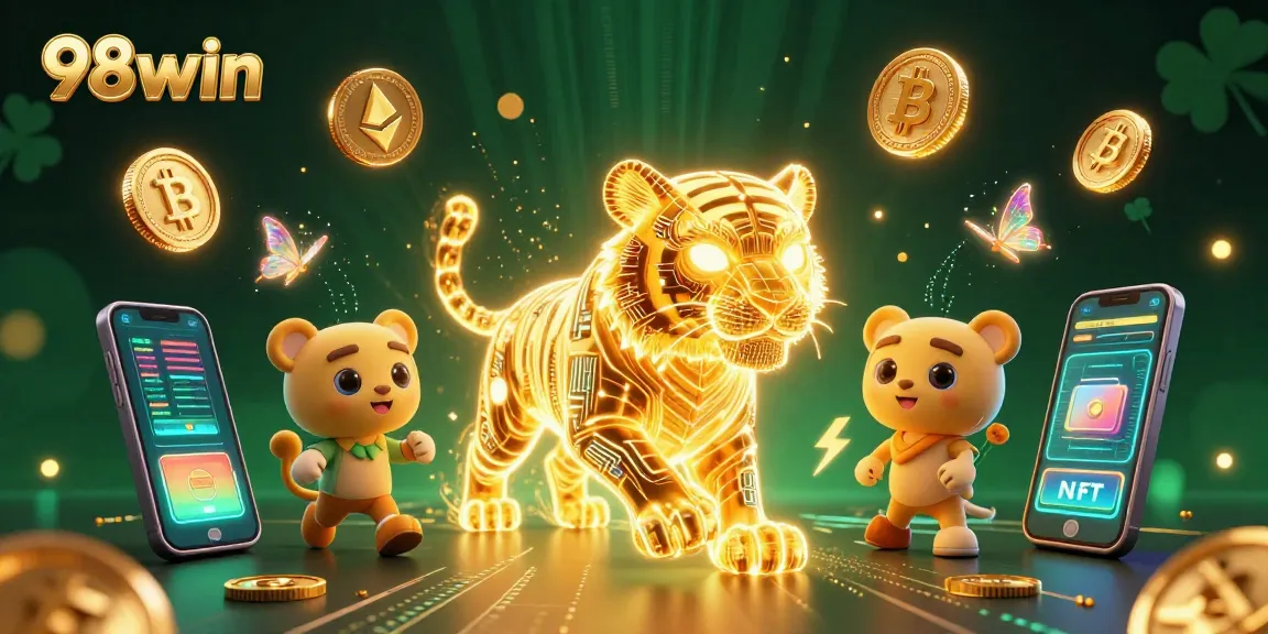 Experience the thrilling digital gameplay with 98win's neon-lit casino adventure, featuring vibrant crypto symbols.