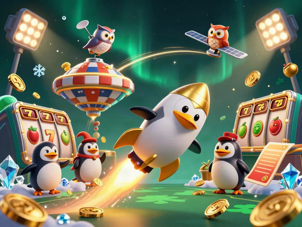 Play slots and win big with biolabet, featuring a dynamic scene with casino elements and a golden penguin.
