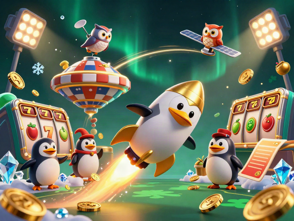 Play slots and win big with biolabet, featuring a dynamic scene with casino elements and a golden penguin.