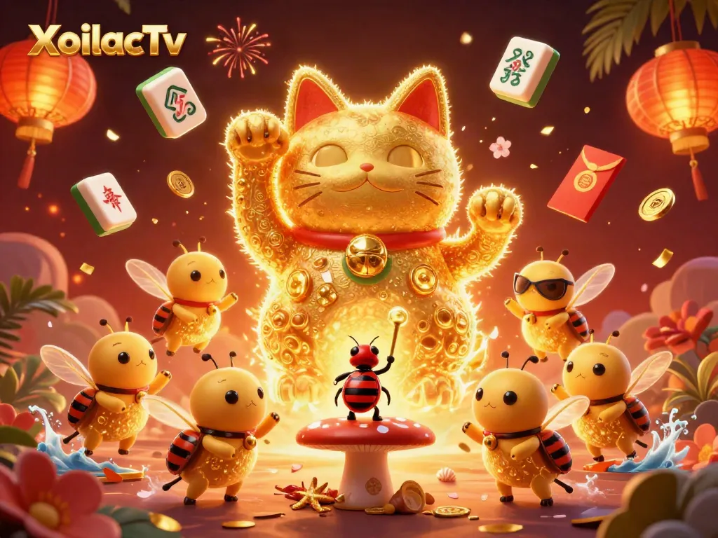 Engage with XoilacTv's exciting casino themes through an enchanting illustration of a lucky cat and vibrant symbols.