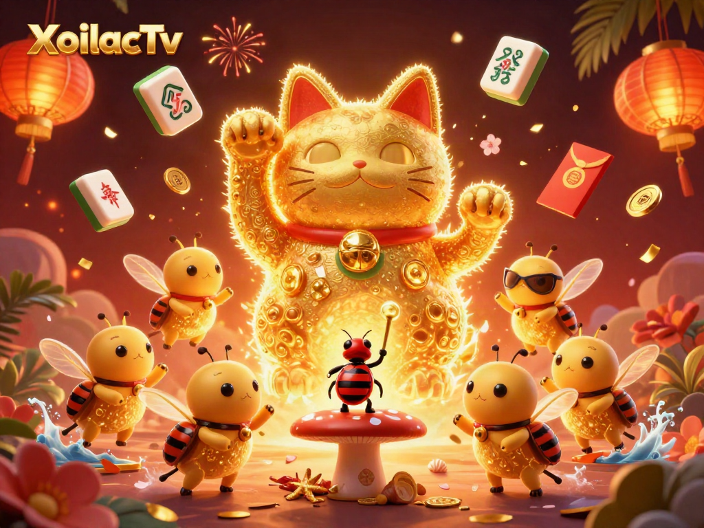 Engage with XoilacTv's exciting casino themes through an enchanting illustration of a lucky cat and vibrant symbols.