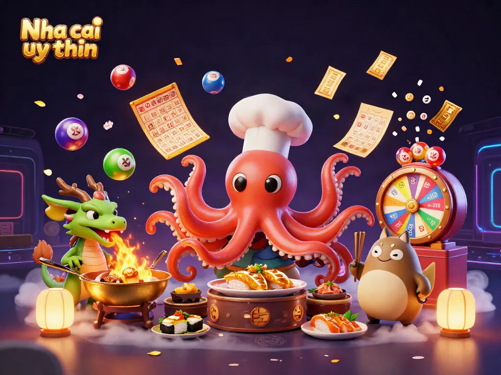 Nha cai uy tin showcases a vibrant 3D casino illustration with a sushi chef octopus and colorful lottery elements.