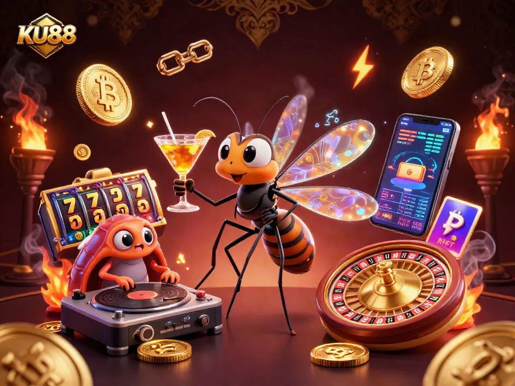 Spin big with KU88 at the casino, featuring a lively frozen mosquito mascot and dynamic slot game elements.