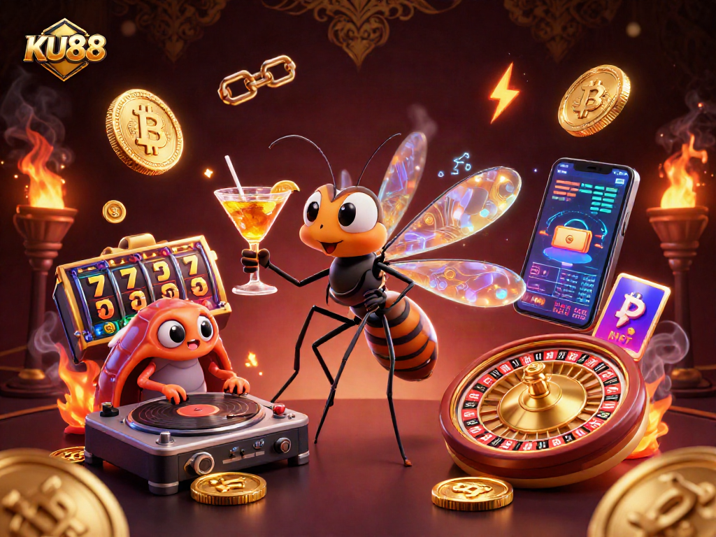 Spin big with KU88 at the casino, featuring a lively frozen mosquito mascot and dynamic slot game elements.
