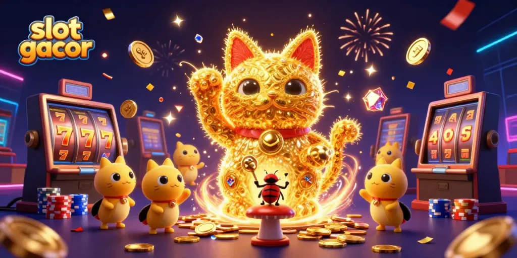 Slot gacor menggambarkan kucing keberuntungan dengan simbol mesin slot dan uang emas bertebaran.