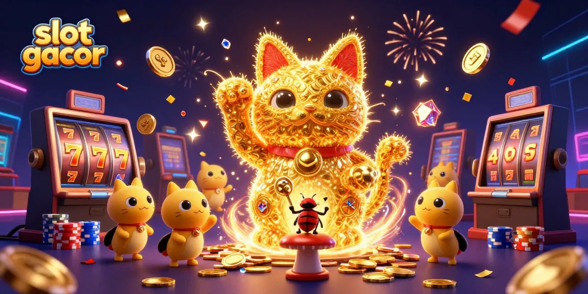 Slot gacor menggambarkan kucing keberuntungan dengan simbol mesin slot dan uang emas bertebaran.