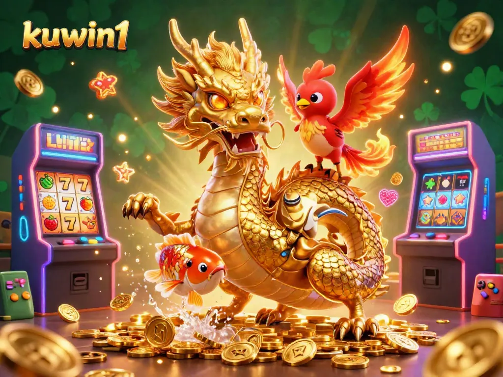 Kuwin1 captures intense casino energy with a golden dragon and phoenix in a vibrant gaming scene.
