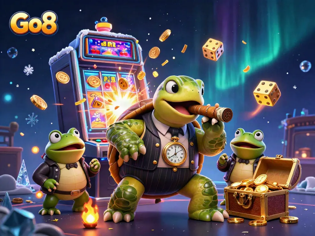 Go8 showcases a vibrant casino scene with a snapping turtle in a mobster suit, spilling coins and symbols.