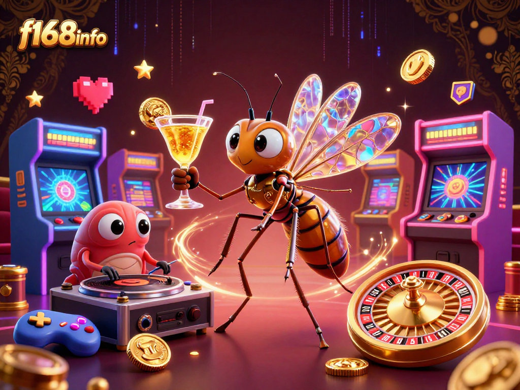 Engage with f168info at a vibrant casino scene featuring a frozen mosquito and trilobite DJ.