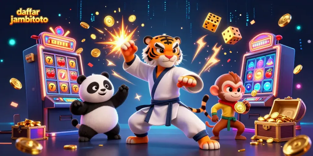 Experience thrilling gameplay with daftar jambitoto, featuring vibrant 3D characters and casino symbols.