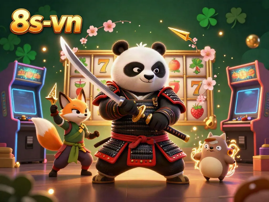 Engage with the thrilling world of 8s-vn as a fierce samurai panda draws his katana in a vibrant casino scene.