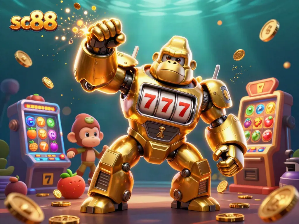 Experience sc88 excitement with a golden gorilla mech and dynamic slot elements in a vibrant casino scene.