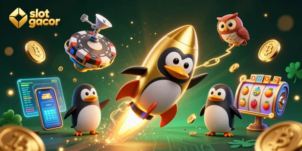 Experience exciting slot gacor action with a 3D penguin and casino-themed cosmic adventure.
