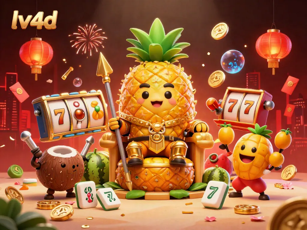 Experience the excitement of LV4D with a vibrant illustration showcasing a cartoon golden pineapple king surrounded by casino elements and characters.