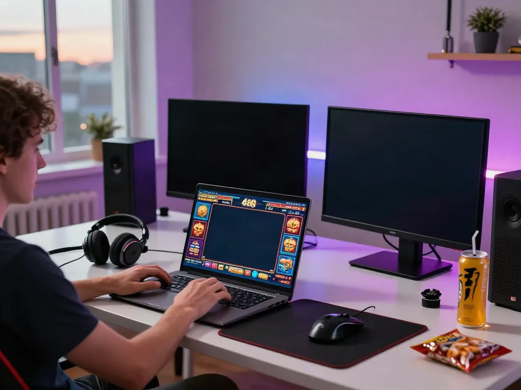 Player enjoying a slot88 game on laptop and smartphone in a vibrant home office.