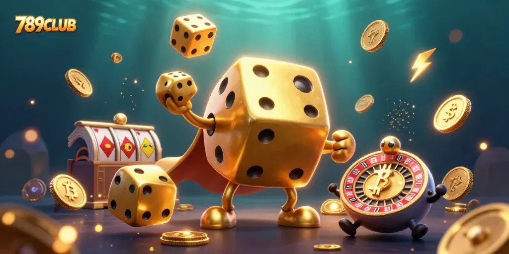 Engage with the thrilling world of 789CLUB through a dynamic illustration of a dice golem and vibrant casino elements.