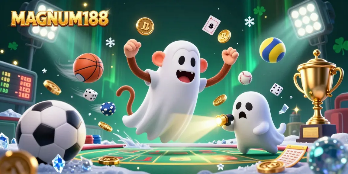 Engage with MAGNUM188 where a playful monkey juggles in a vibrant haunted casino scene.