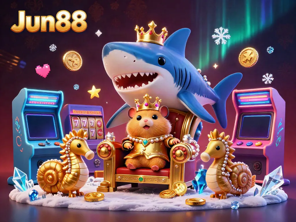 Experience thrilling gameplay with Jun88 in this vibrant 3D casino scene featuring a golden hamster king and immersive gaming elements.