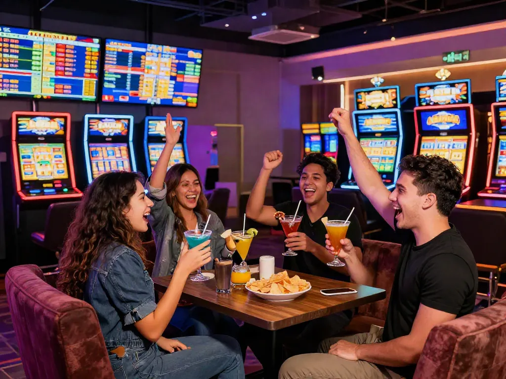 Lumbung88 slot machine celebration in a vibrant gaming lounge with friends enjoying their win.